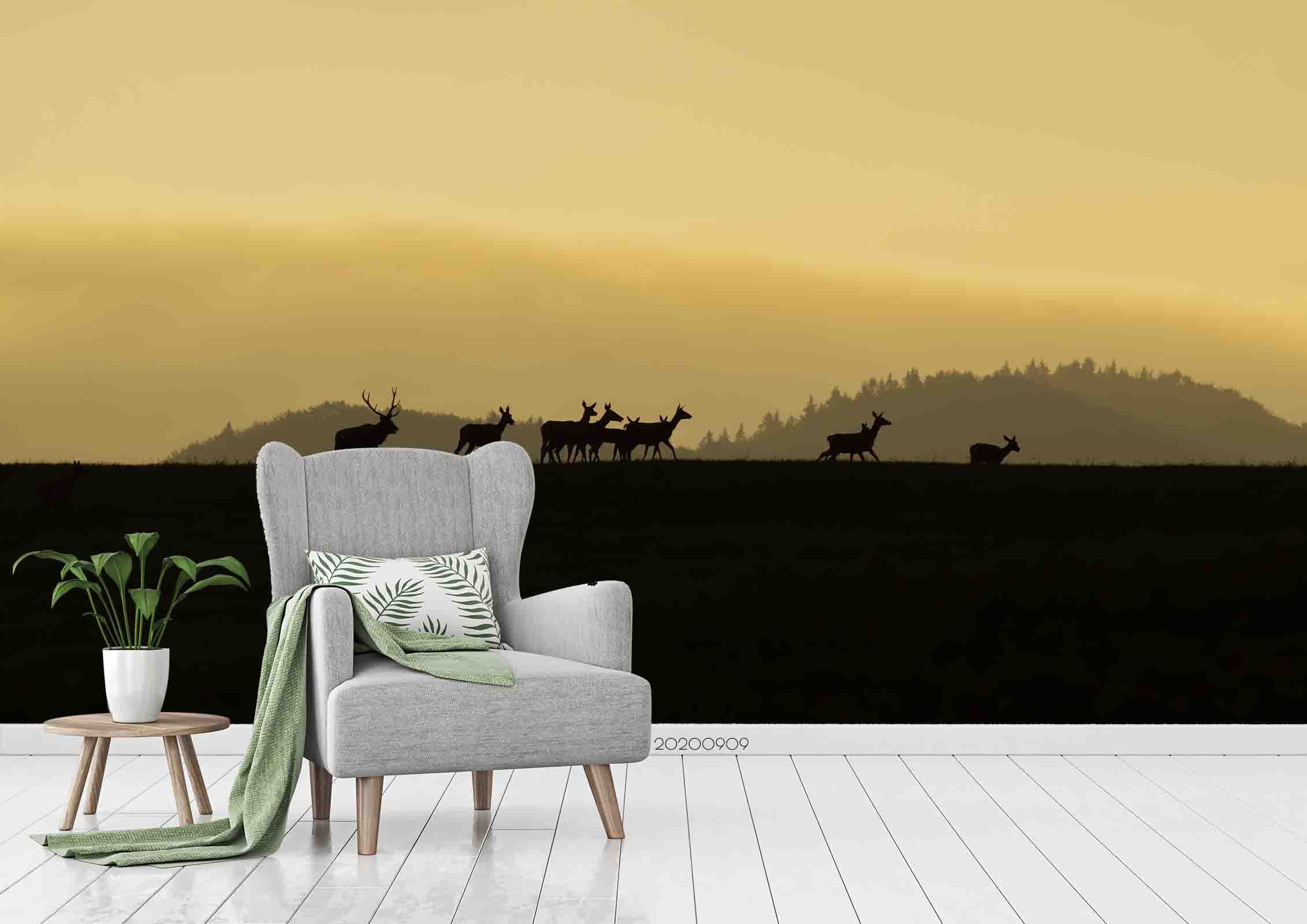 3D Sunset Mountain Deer Animal Pattern Wall Mural Wallpaper Lxl