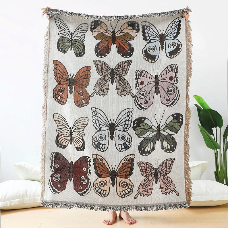 Butterflies White Happy Days Vintage Retro Style Couch Sofa Blanket,  Woven Throw Blanket Home Decor