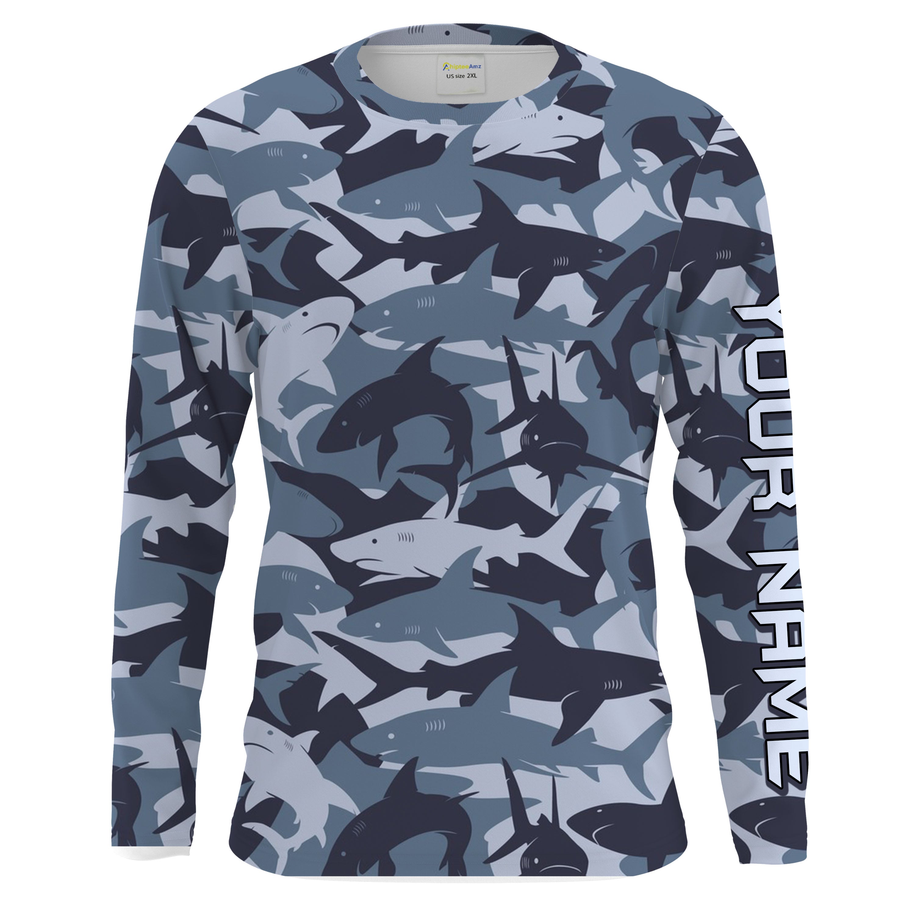 Shark Fishing Camo Uv Protection Customize Name Long Sleeves Fishing Shirts Upf 30+, Fishing Shirt For Men, Women, Kid Nqs2190