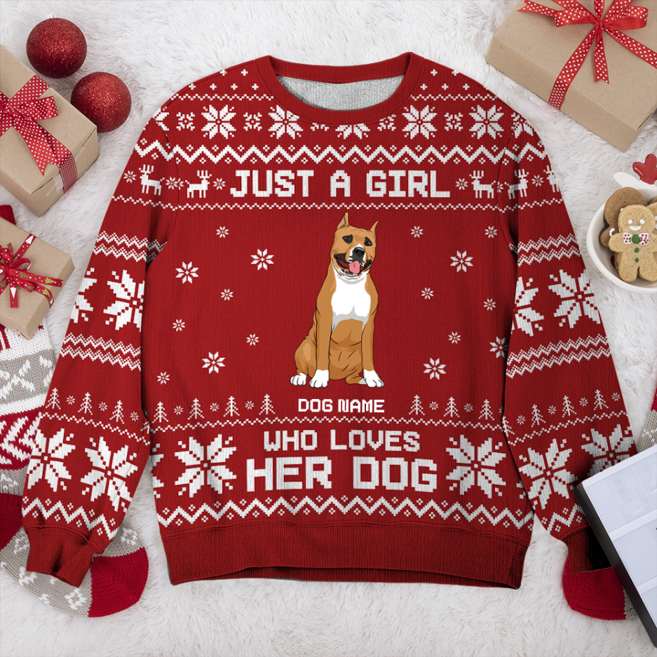 American Staffordshire Terrier Just A Girl Personalized Sweater, Dog Ugly Christmas Sweater