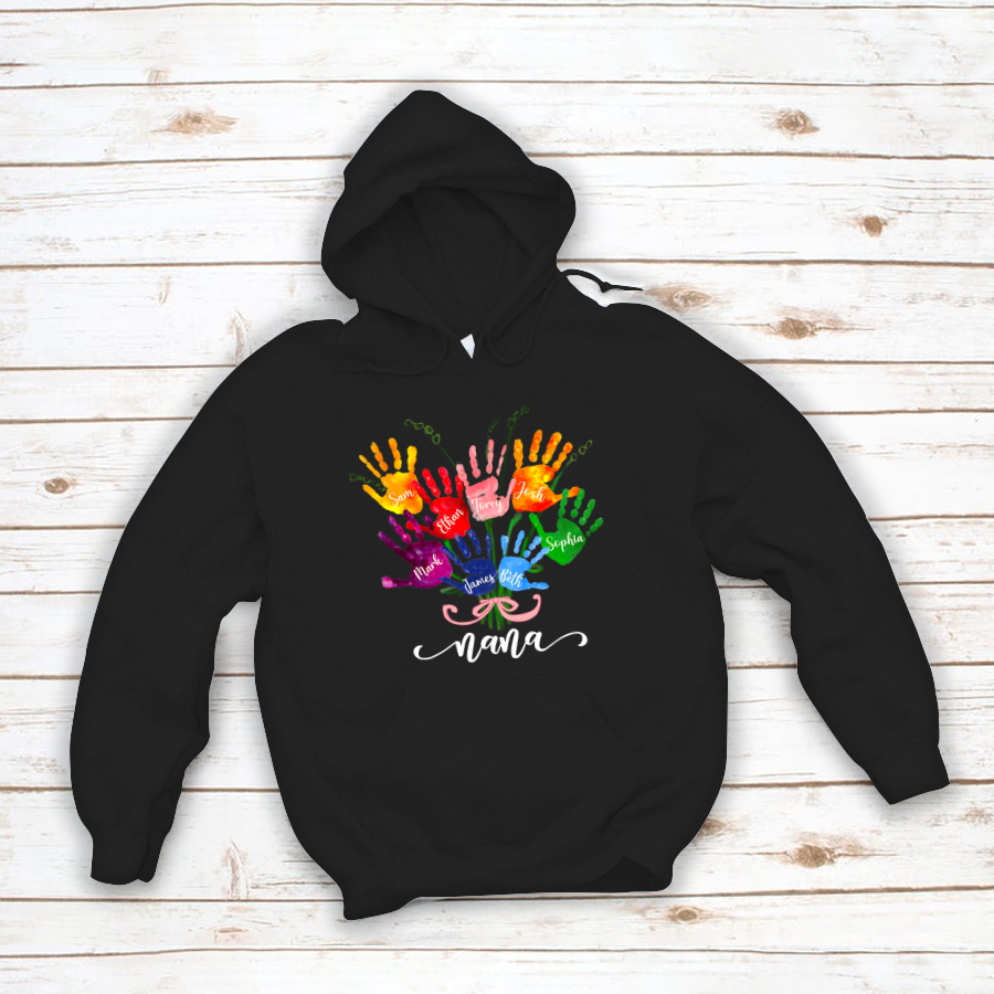 Nana And Grandkids Flower Colorful Hands Hoodie