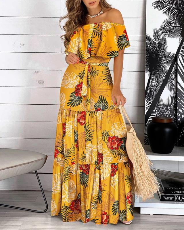 2021 New Fashion Leopard Robe Print Long Dress Ruffle Maxi Sundress Bohemian Women Summer Sexy Casual Elegant Strapless Vestidos alx