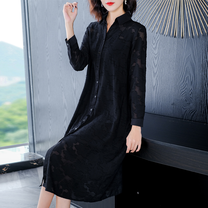 Black Jacquard Hollow Out Sexy Midi Shirt Dress Spring Summer Long Sleeve Elegant Bodycon Dress 2022 Women Korean Casual Dresses alx