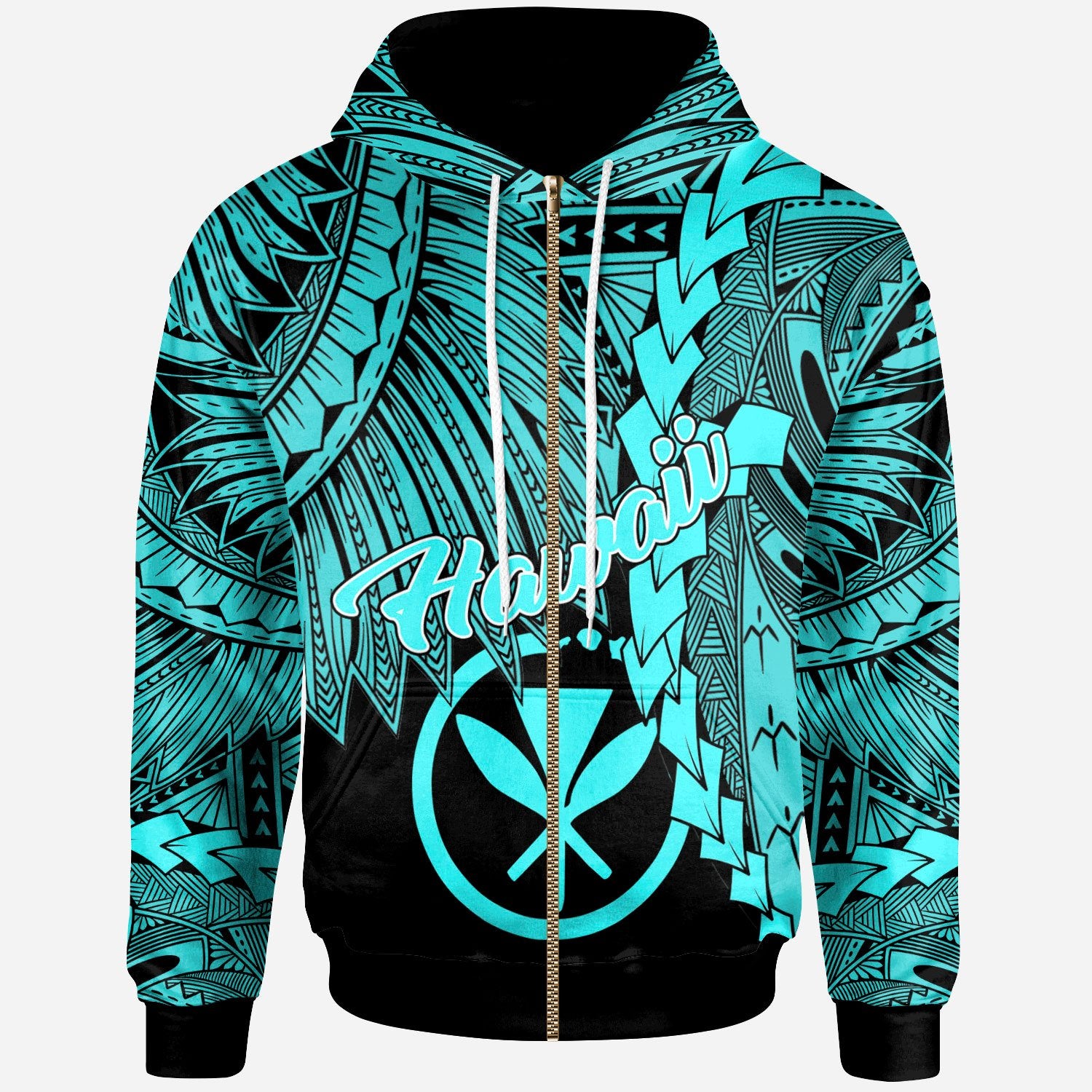 Polynesian Hawaii Zip-Up Hoodie - Tribal Wave Tattoo Neon Blue ...