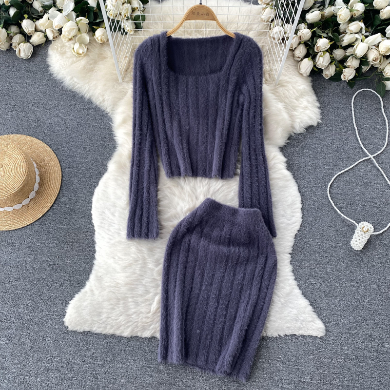 SINGREINY Sweater Warm Knit Two Piece Sets Solid Casual Long Sleeve Square Neck Short Tops Elastic Mini Skirt Harajuku Suit alx