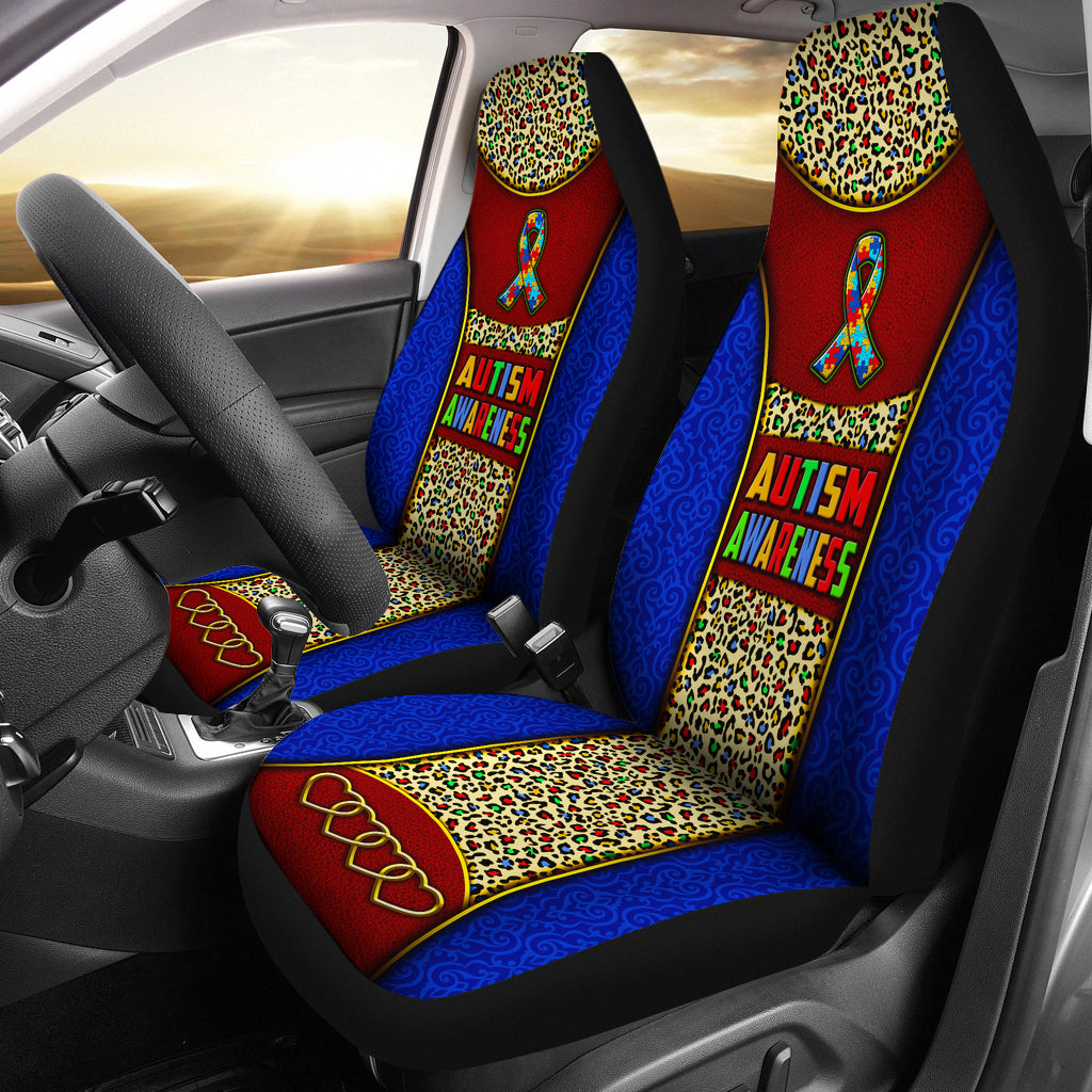 Autism Awareness Vintage Classic Pattern Leopard Leather Texture Car Seat Covers, Seat Covers Set Of Two, Automotive Seat Covers Set