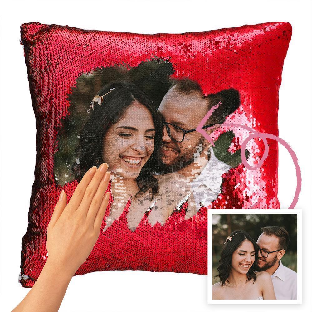 Custom Couple Photo Magic Sequins Pillow Multicolor Shiny Mermaid Pillow, romantic gift, 16″x16″(40cmx40cm)