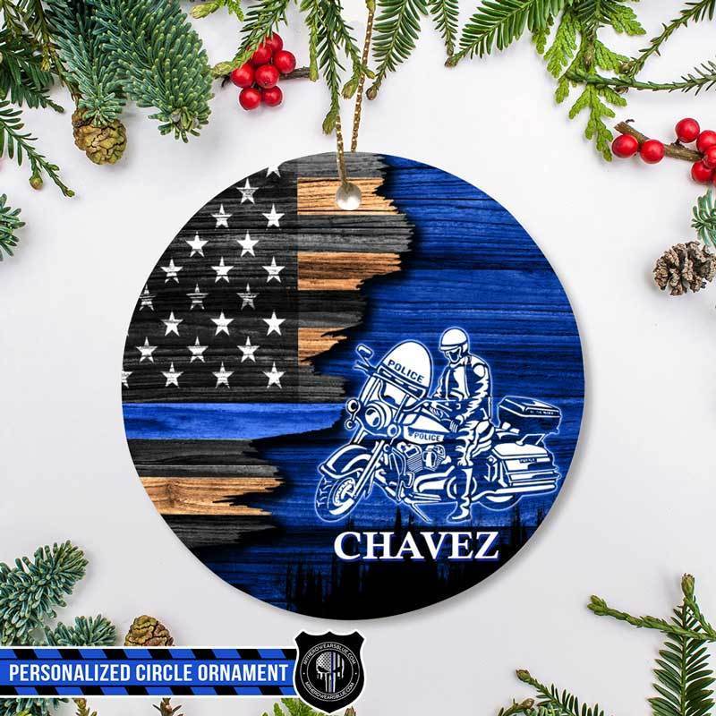 Half Flag Motorcycle Officer Thin Blue Line Christmas Circle Ornament