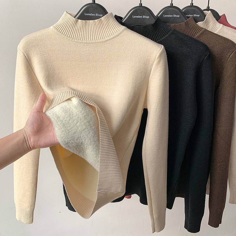 2022 Thicken Sweater Woman Turtleneck Slim Winter Plus Velvet Winter Knitted Pullovers Casual Fleece Lined Warm Knitwear Tops alx