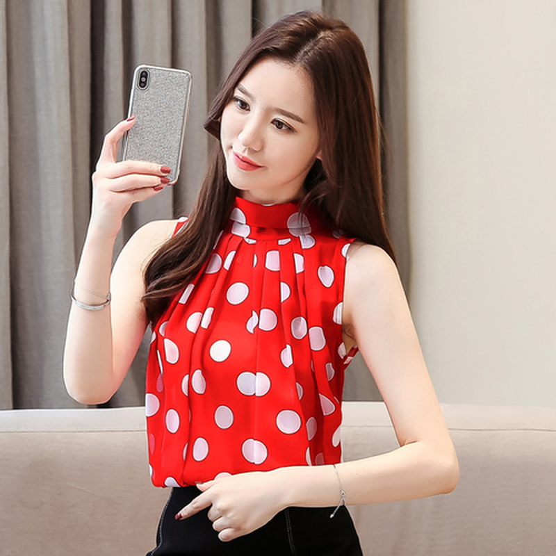 Blusas Mujer De Moda 2022 Korean Sleeveless Top Women Chiffon Shirt Summer New Fashion Clothes Polka Dot Blouse 9541 alx