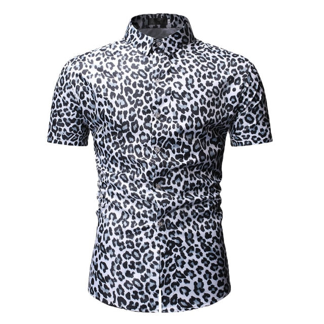 New Arrival Slim Fit Male Shirt  Men‰Û÷s Fashion Short Sleeve Stripe Leopard Print Large Size Casual Top Blouse