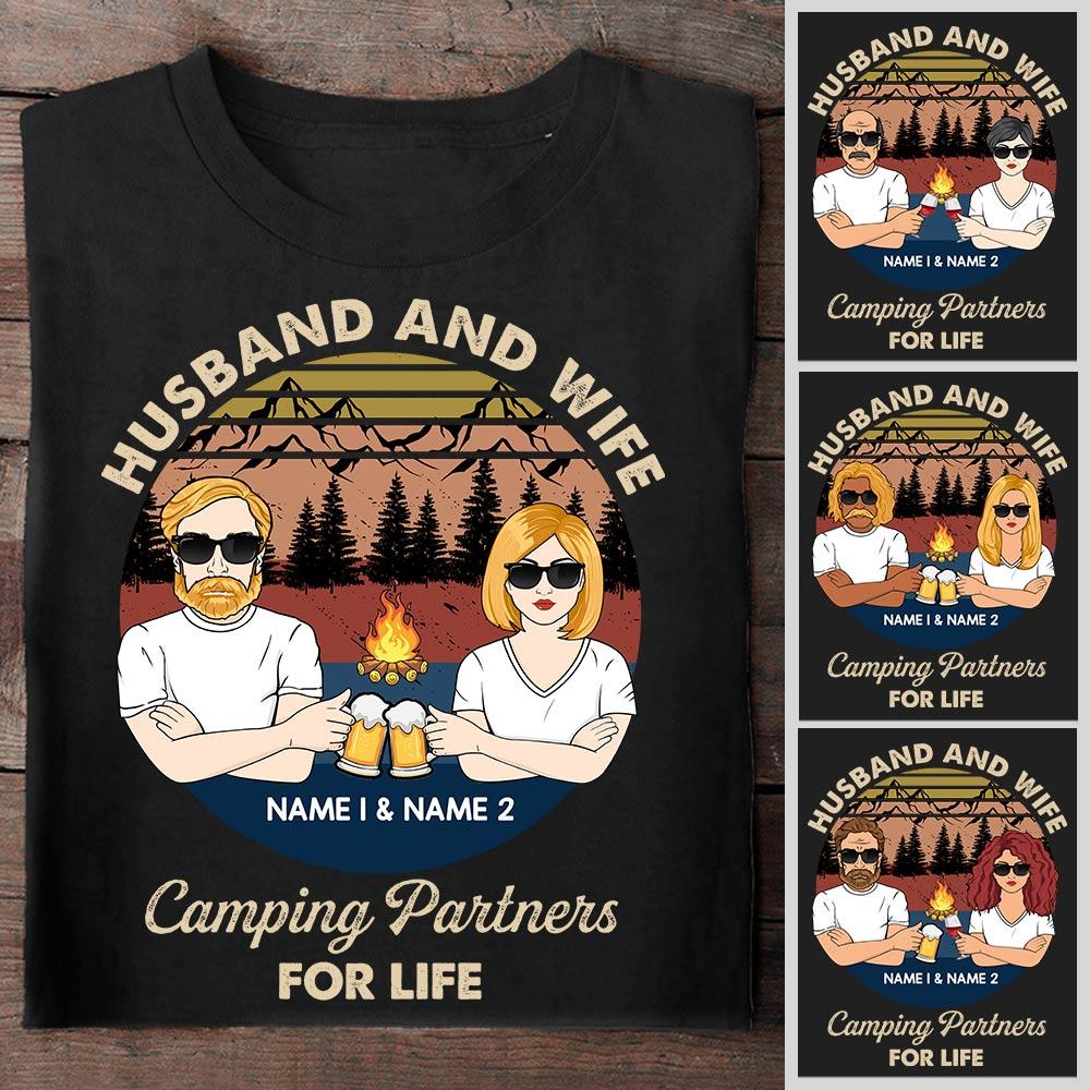 Personalized Husband And Wife Camping Partners For Life Retro Vintage Shirt, Custom Camping Shirt Gift For Camper