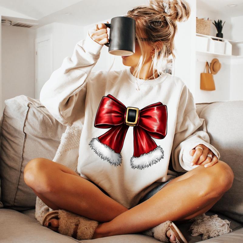 Christmas Coquette Bow Sweatshirt, Christmas Santa Bow Tee, Christmas Shirt, Soft Girl Era Shirt, Coquette shirt, Cotton Crew Neck Shirt, Full Sizes, Full Colors Women Sweaters Printed coquette christmas