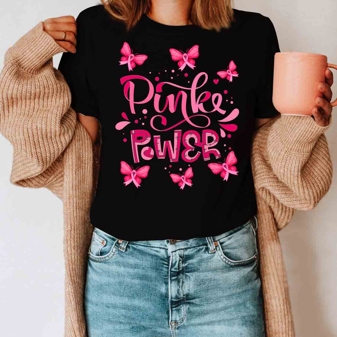 Pink Power Butterflies T-Shirt – Breast Cancer Awareness T-Shirt Christmas Gifts For Daughter Mother Friends Hoodies Sweater Pink