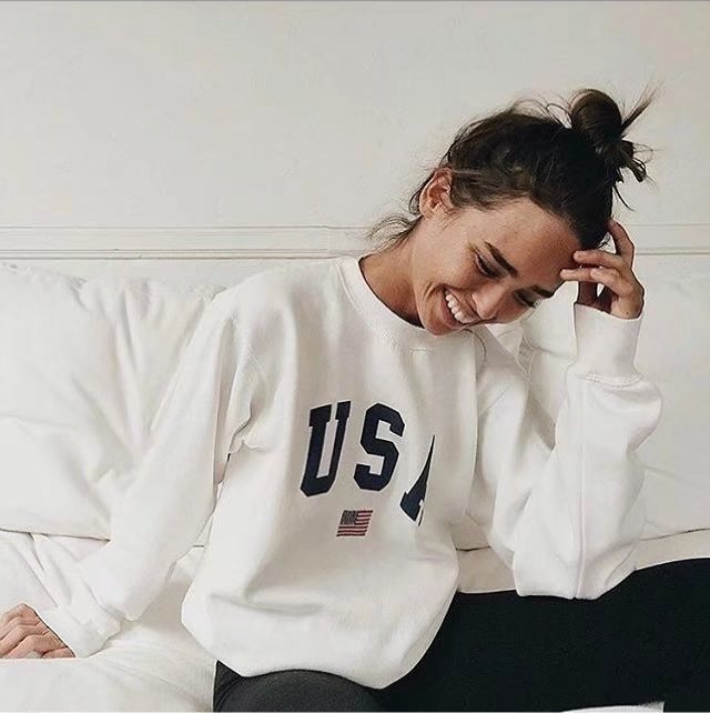 USA Flag Letter Print Long-Sleeved Crewneck Sweatshirt Hoodie Women’s Spring White Fashion Plus Size Harajuku Fleece Streetwear alx