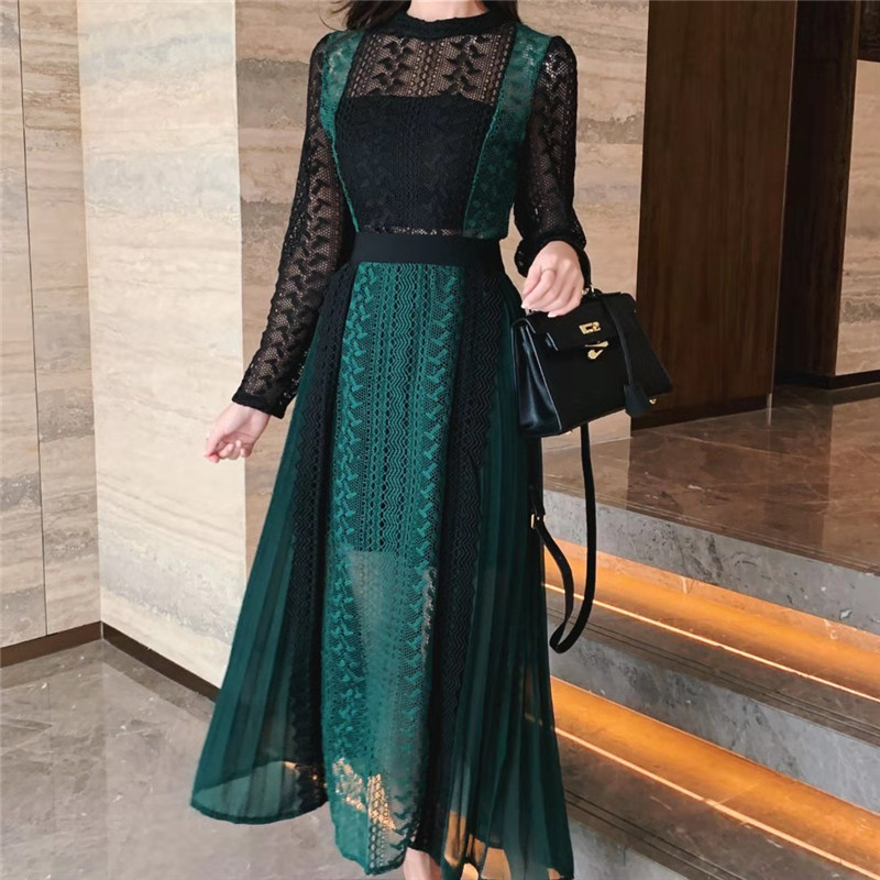 Vintage Green Lace Dress Women 2022 Summer Fall Long Sleeve Elegant Dresses Bodycon Hook Flower Hollow Maxi Clothing Women L alx