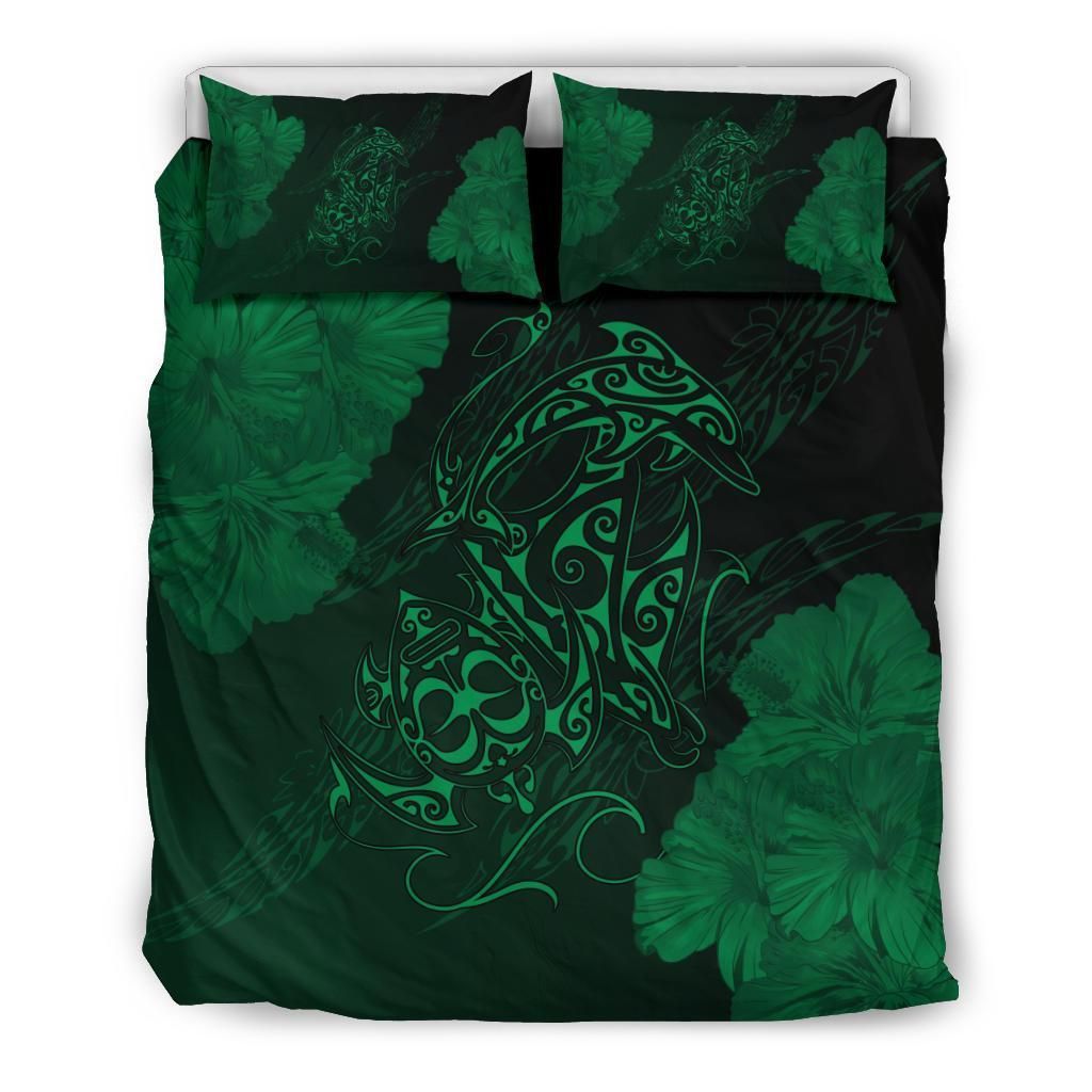 Alohawaii Bedding Set – Cover And Pillow Cases Hawaiian Hibiscus Dolphin Manta Ray Turtle Polyalohawaiis Green – Ah – J5