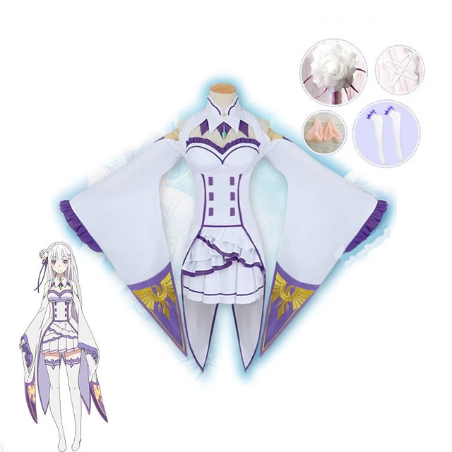 Anime Re:Life In A Different World From Zero Emilia Cosplay Costume Aldult Woman Sexy Dress Headdress Wig Halloween Suit alx