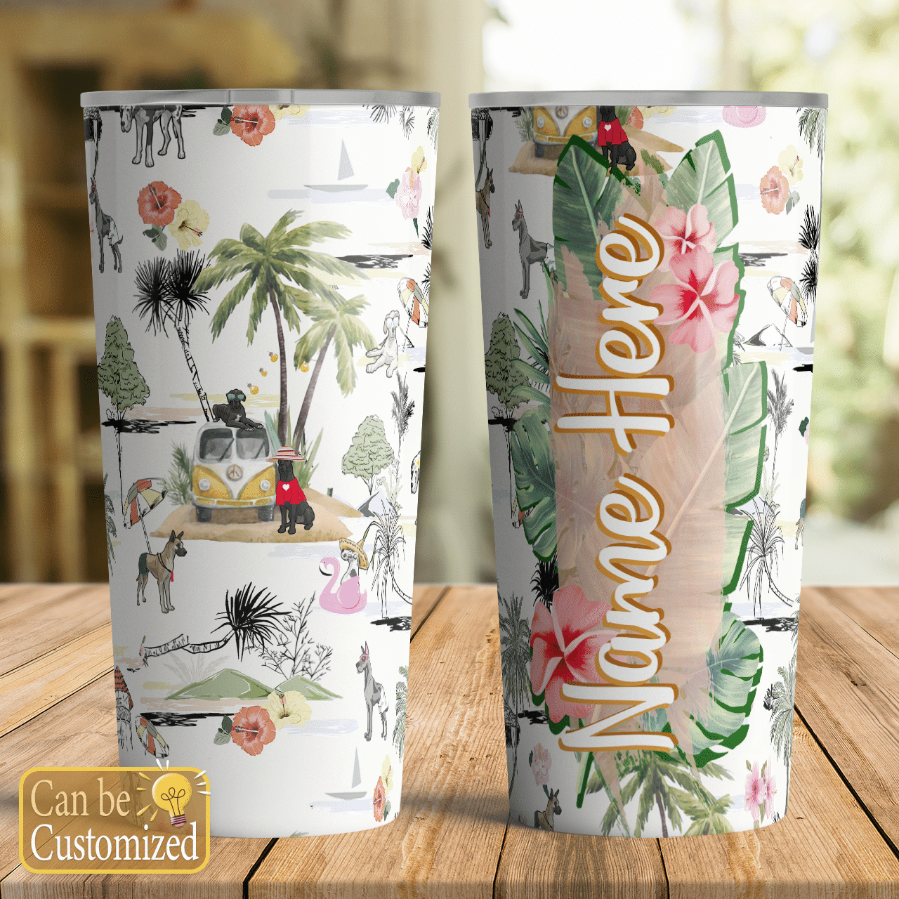 Great Dane Custom Name Tumbler Hawaiian Beach Retro Ha34150