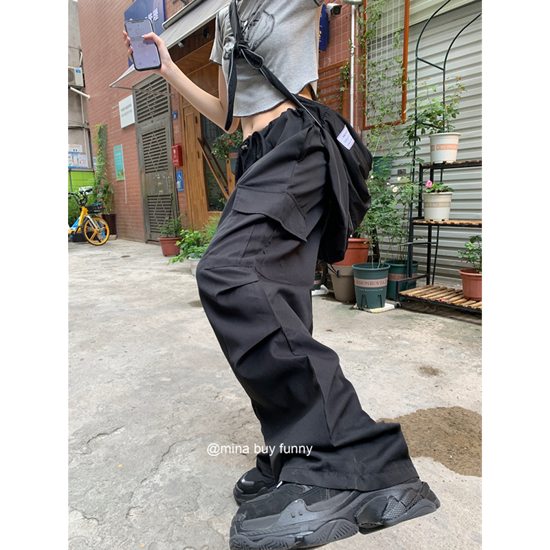 Summer Black Overalls Pants Women’s Fashion Trousers Hip Hop High Waist Wide Leg Baggy Casual Cargo Straight Pants Streetwear alx