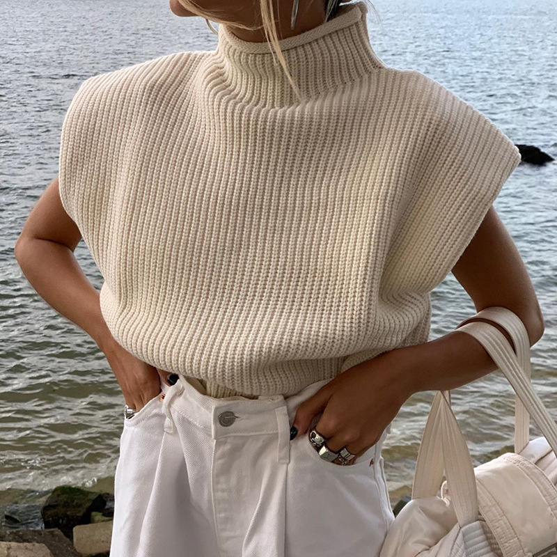 BBK 2021 New Winter Basic Knitted Vest Turtle Neck Short Sleeve Solid Color Plain Shoulder Pads Elegant Sweater For Za Women alx