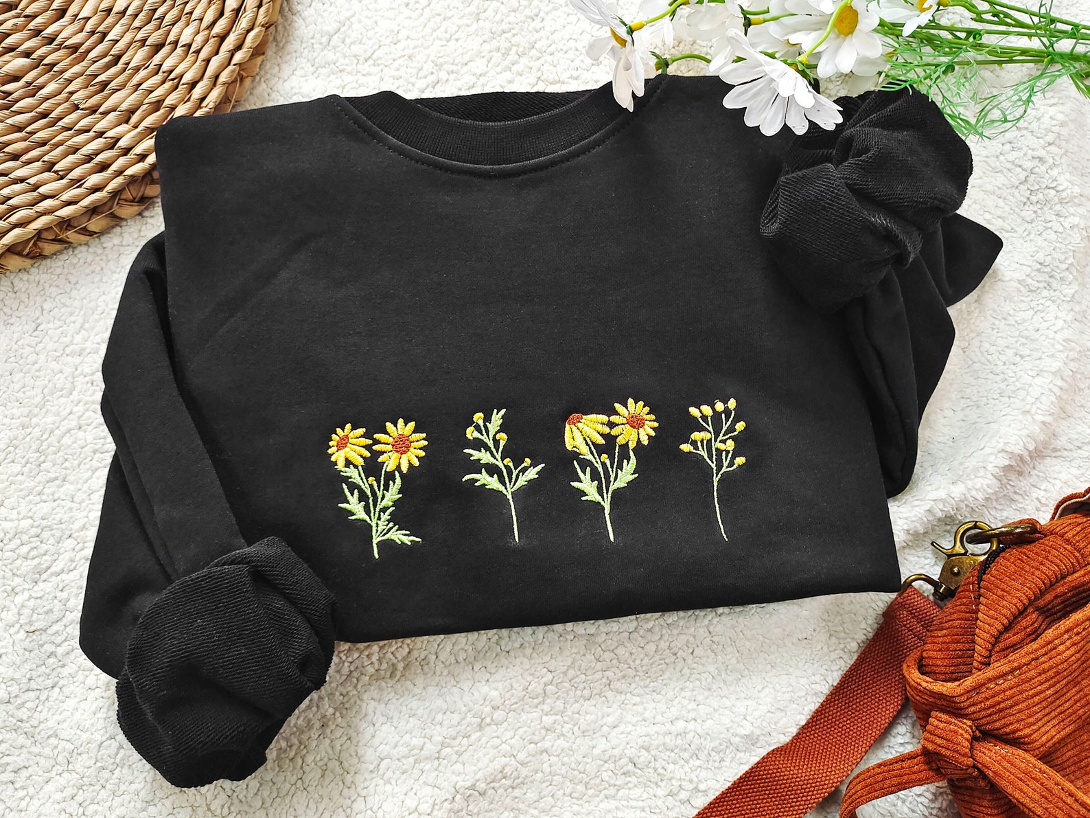 Vintage Sunflower Embroidered Sweatshirt 2D Crewneck Sweatshirt All Over Print Sweatshirt For Women Men Sws2837