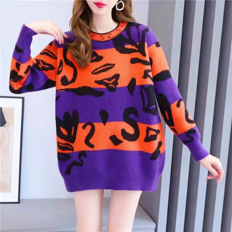 Sweater Women Streetwear Warm Knitted Pullover Long Sleeve Jumper Loose Female Patchwork Color Knitwear Soft Comfortable Top alx