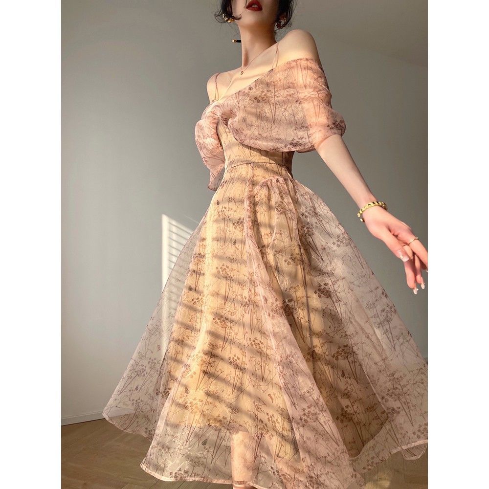 HOUZHOU Summer Evening Dresses for Women Vintage Off Shoulder Slip Long Dress Partywear French Fashion Chiffon Mesh Sundress alx