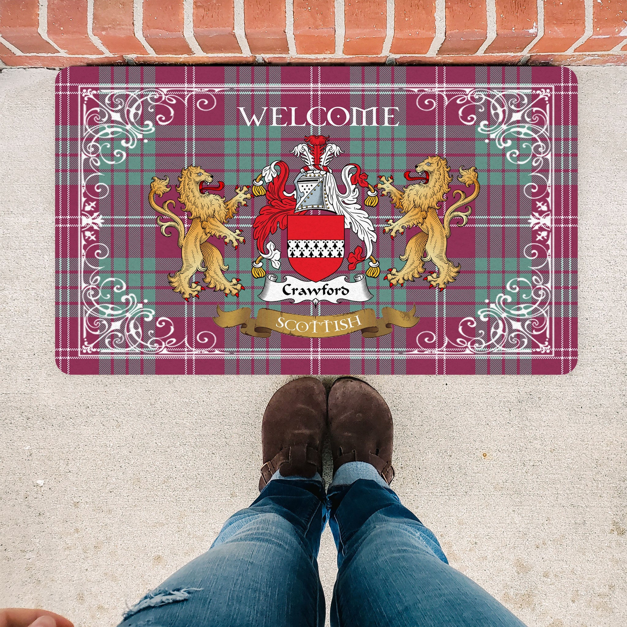 Scotstee Shop Tartan Door Mat The Family Crawford Ancient Scottish Plaid Doormat, Welcome Mat, Christmas Door Mat