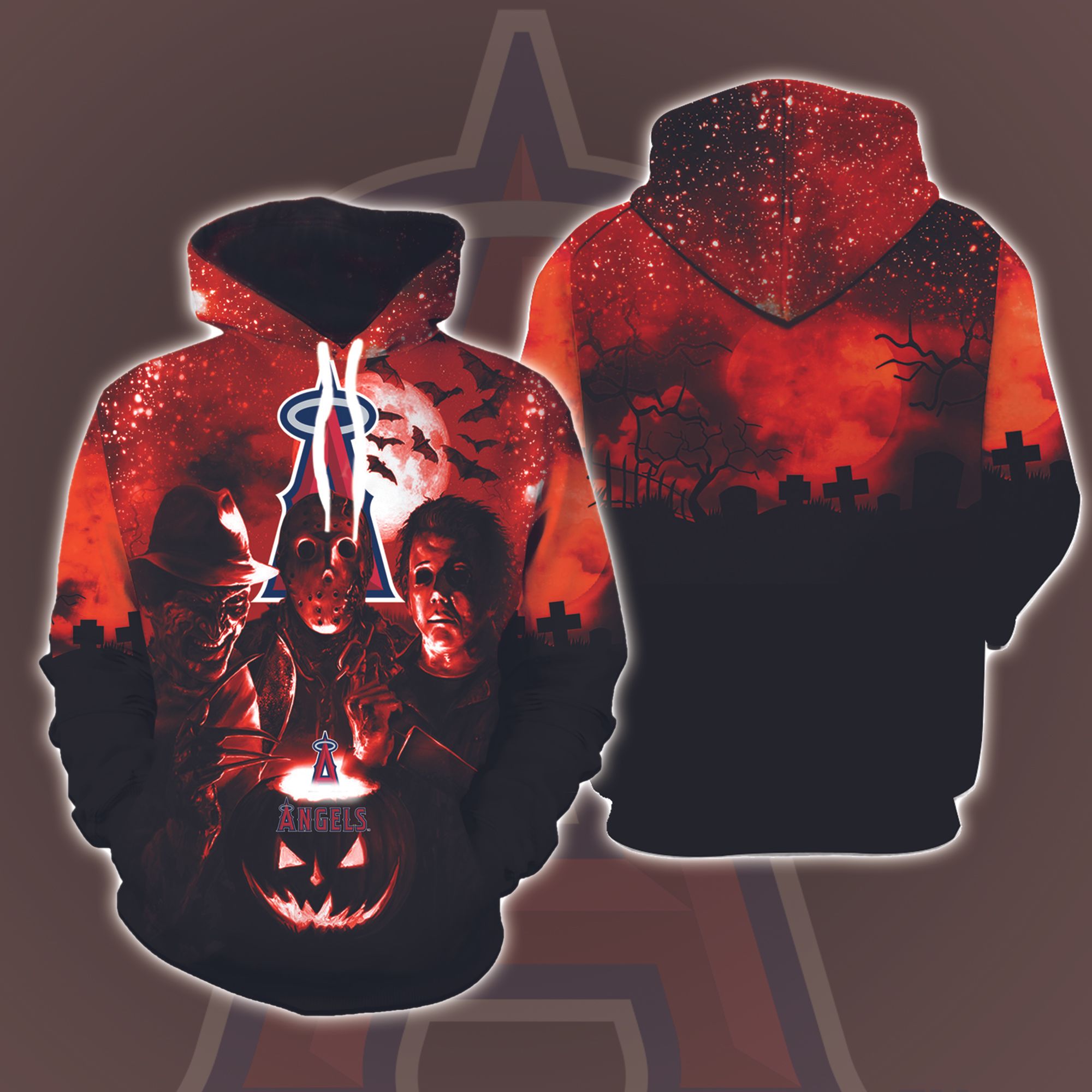 Los Angeles Angels Halloween and Michael Myers, Jason Voorhees, Freddy Krueger 3D Printed Hoodie