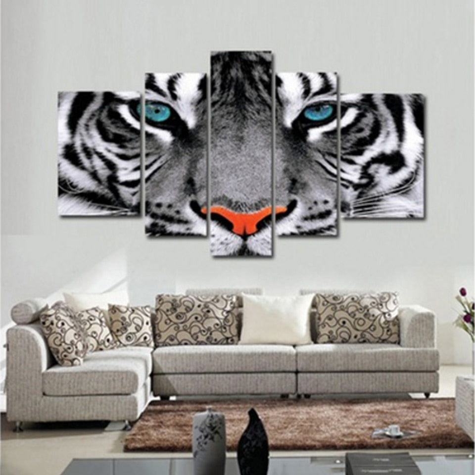 White Tiger Eyes 5 Piece Hd Multi Panel Canvas Wall Art Frame