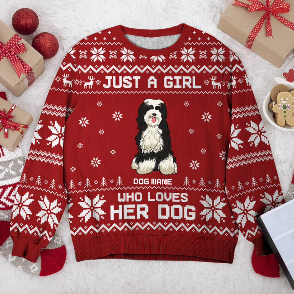 Tibetan Terrier Just A Girl Personalized Sweater, Dog Ugly Christmas Sweater