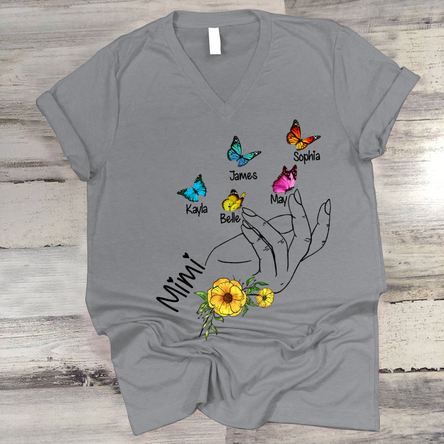 Mimi And Grandkids Flower Hands Butterfly V-Neck