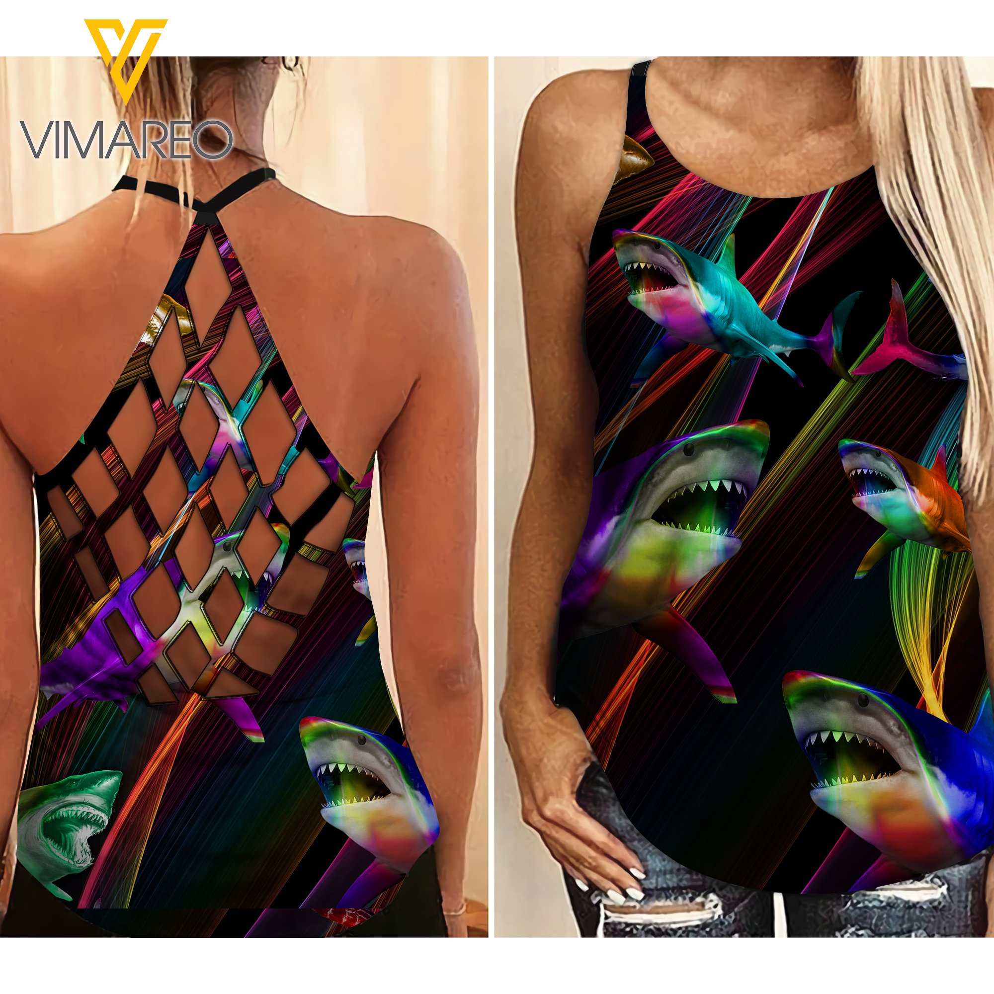 Shark Girl Criss-Cross Open Back Camisole Tank Top 1407Mq