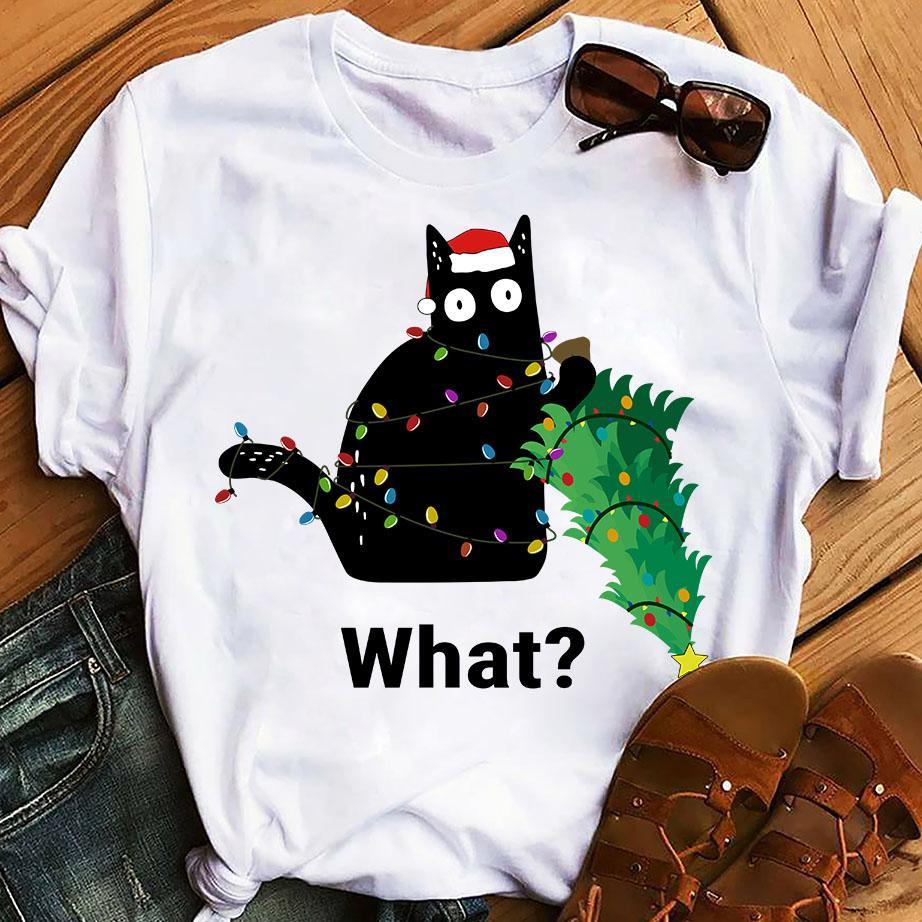 Cat What? Funny Black Cat Murderous Cat With Knife Christmas Unisex T-Shirt Hoodie Sweatshirt Plus Size S-5Xl