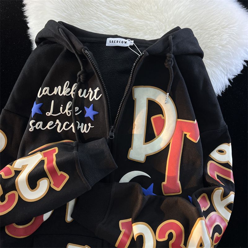 2022 Korean-style printed embroidered letters cute coat women’s winter fleece thickened sweater oversize loose drape lazy top alx