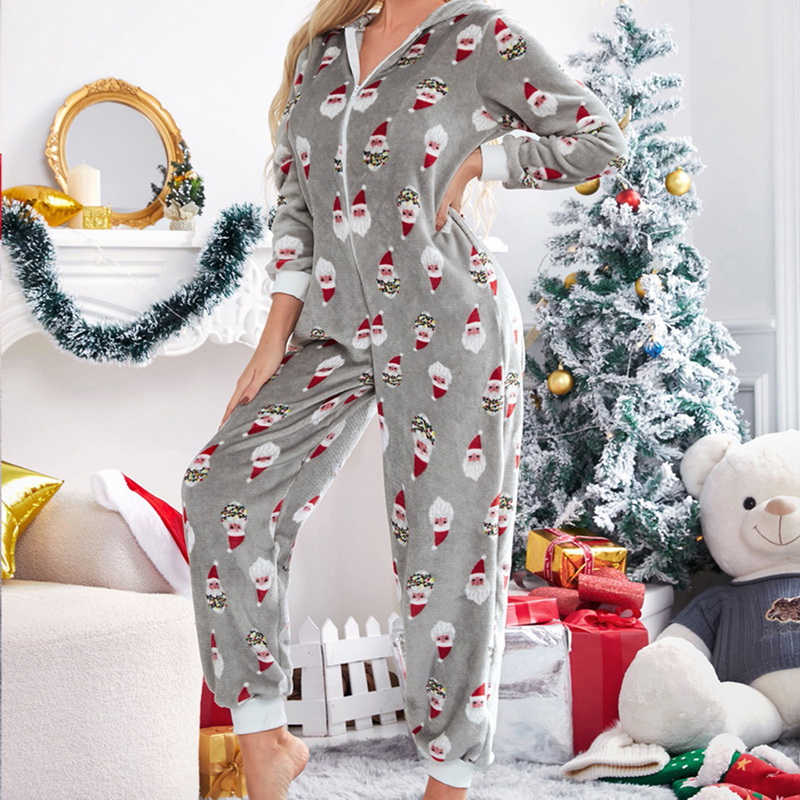 Winter Christmas Warm Pyjamas Onesie Fluffy Fleece Jumpsuits Sleepwear Overall Plus Size Hood Sets Pajamas For Women Adult alx