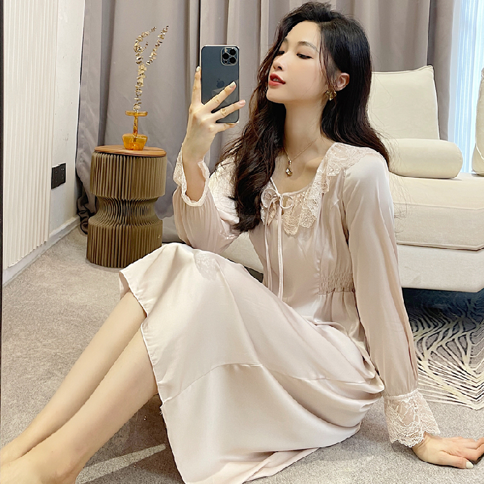 2022 Spring Autumn Long Sleeve Sexy Lace V-neck Silk Satin Nightgowns Women French Court Sleepwear Night Dress Nightdress Nighty alx