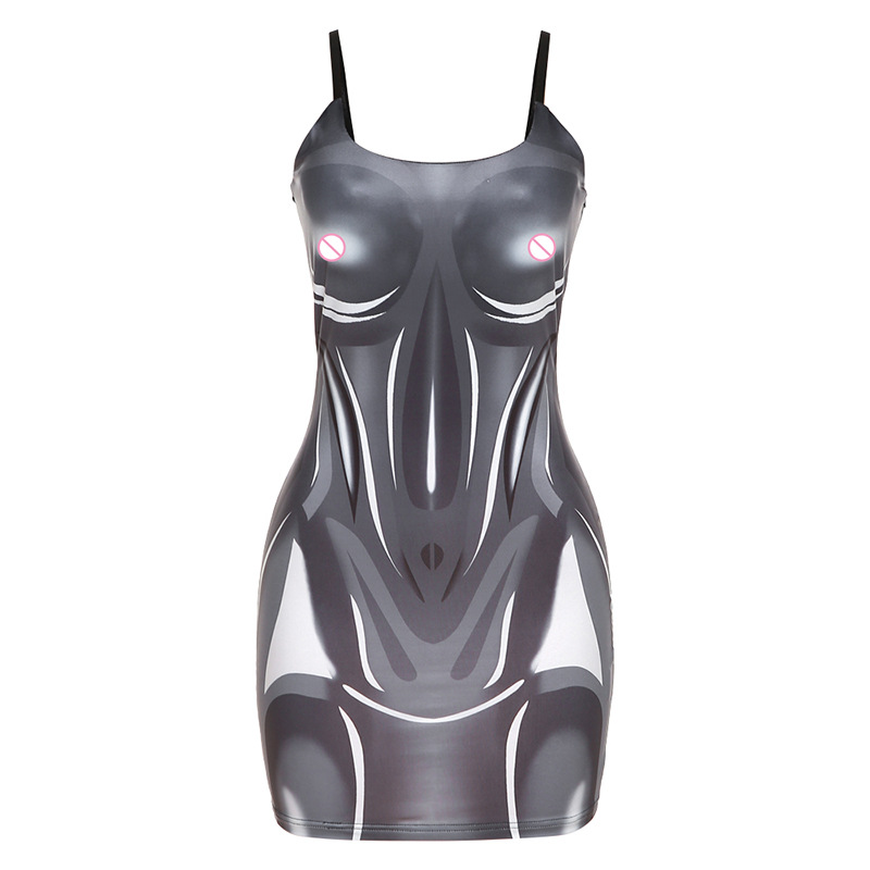 Summer Dresses for Women 2022 New Nightclub Sexy Dress Suspender Backless 3D Body Print Slim Wrap Hip Dresses alx