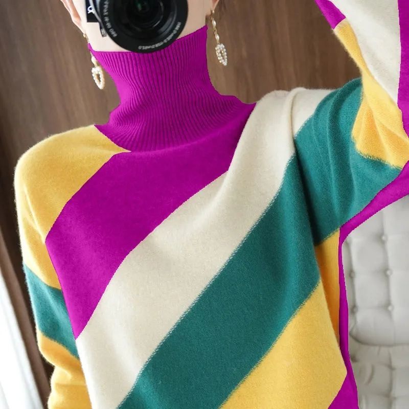 Stylish Turtleneck Knitted Spliced All-match Striped Sweater Women’s Clothing 2022 Autumn New Casual Pullovers Loose Warm Tops alx