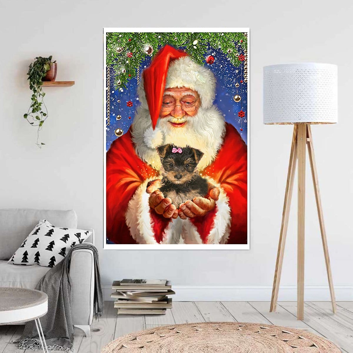 Custom Canvas Santa Claus And Cute Puppy Wall Art And Decor