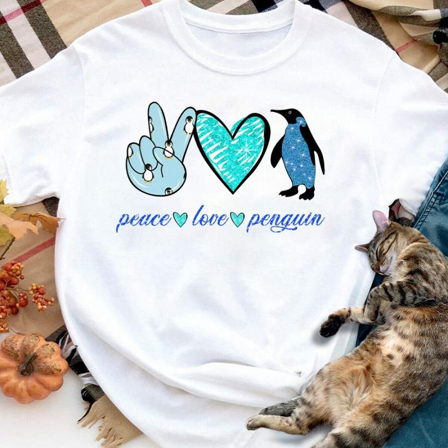 Peace love penguin white cotton t shirt for men and women S-6XL