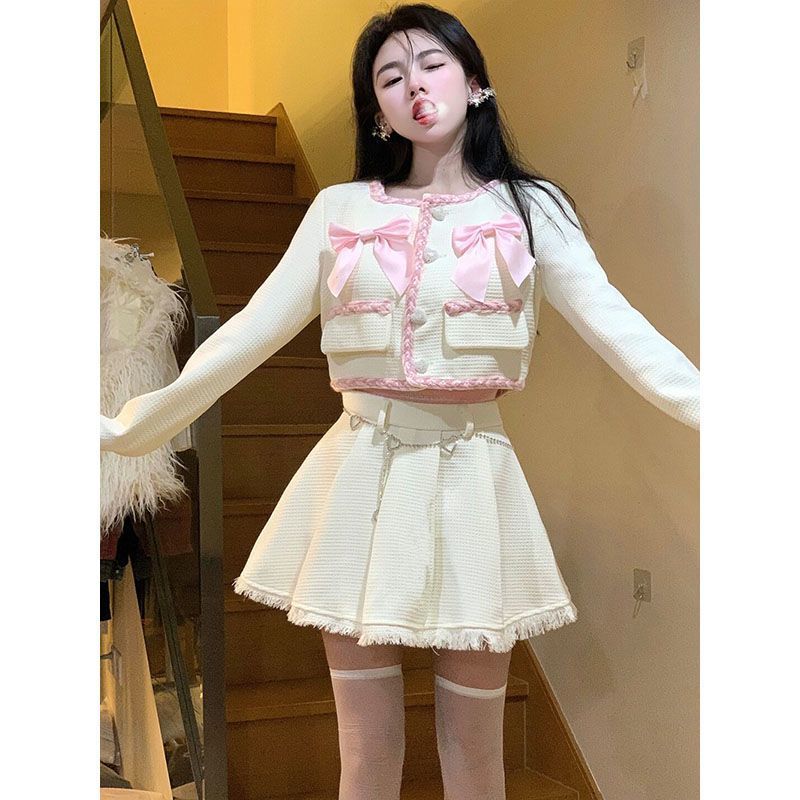 Winter Kawaii Two Piece Skirt Set Women Japanese Bow Designer Y2k Short Skirt Set Female Casual Korean Fashion Sweet Set 2022 alx