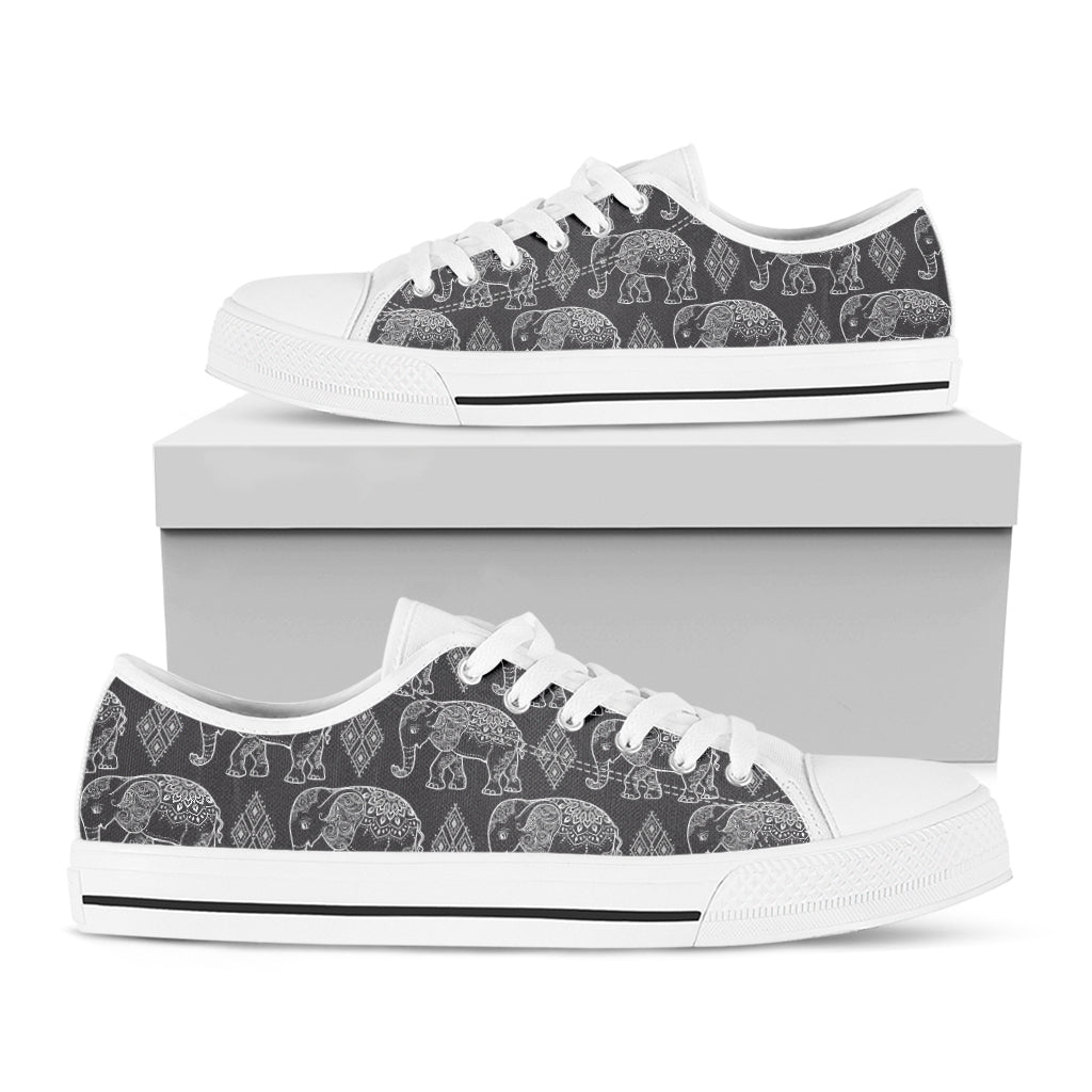 White And Grey Indian Elephant Print White Low Top Shoes