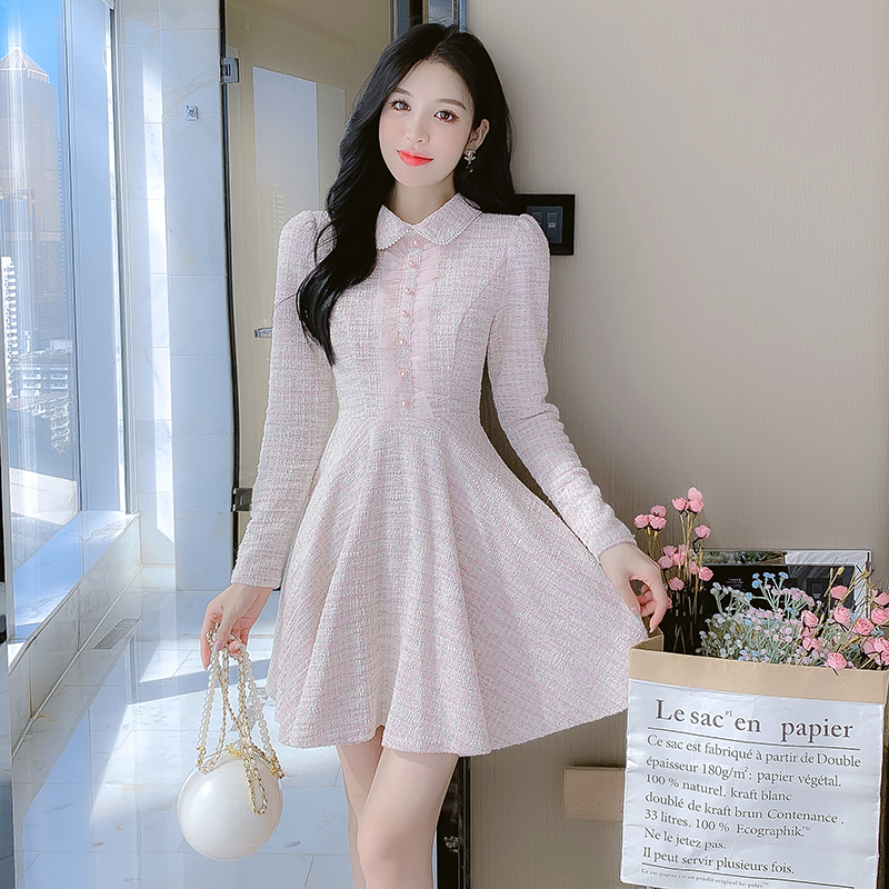 Spring Fall Korean Women’s Sweet Lace Ruffle Single-Breasted Bead Party Casual Street Boho Elegant Tweed Dress Vestido alx