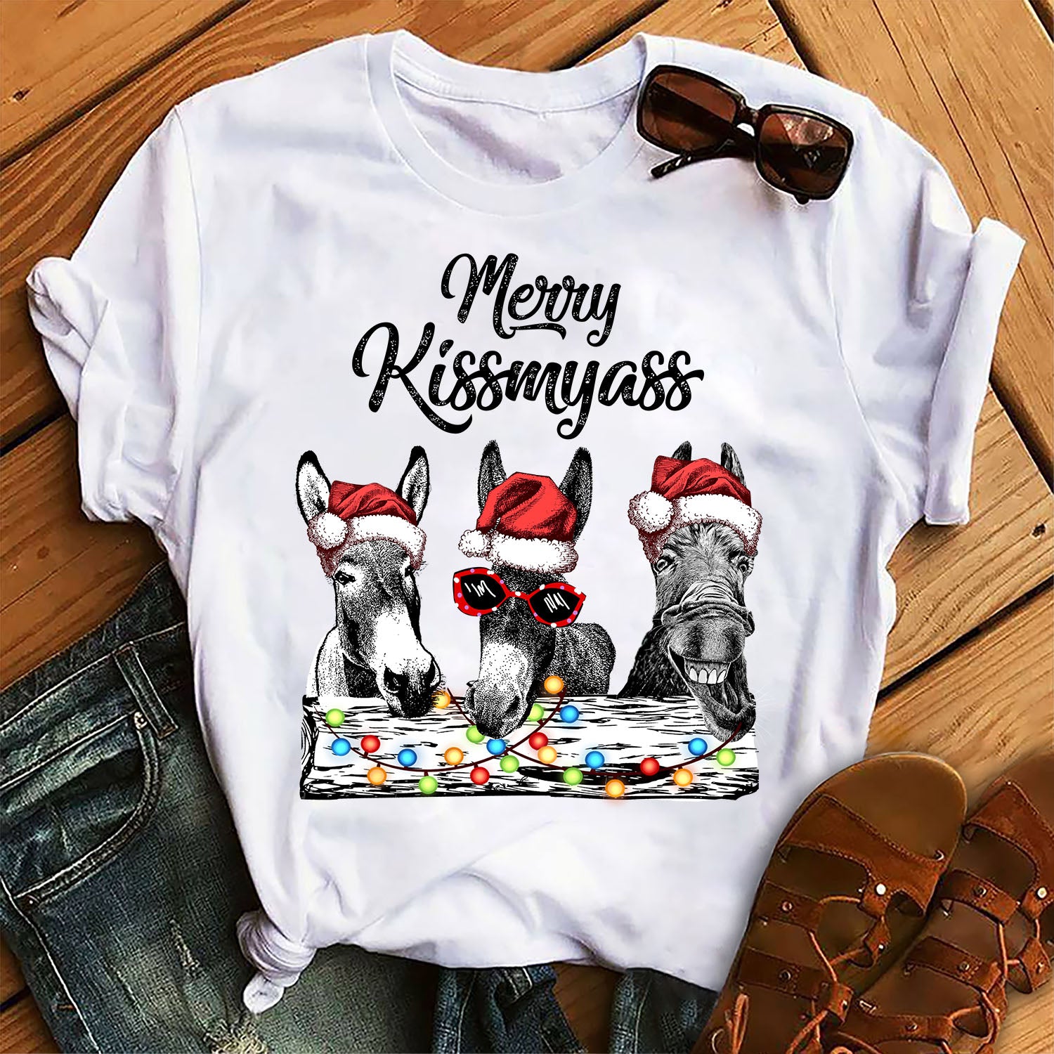 Merry Kissmyass Funny Farm Donkey Christmas Gift Graphic Unisex T Shirt, Sweatshirt, Hoodie Size S – 5XL