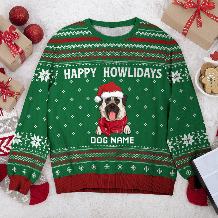 Anatolian Shepherd Happy Howlidays Personalized Sweater, Dog Ugly Christmas Sweater