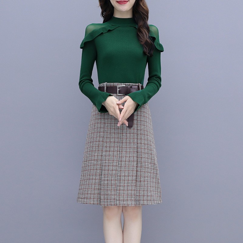 Women Half Turtleneck Slim Knittwear Top And Plaid Mid Skirt 2 Piece Set Autumn Winter New Shoulders Mesh Ruffles Sweater Suit alx