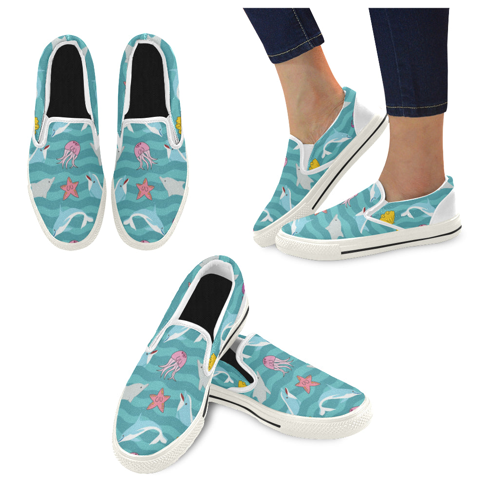 Dolphin White Women’s Slip-on Canvas Shoes/Large Size (Model 019)