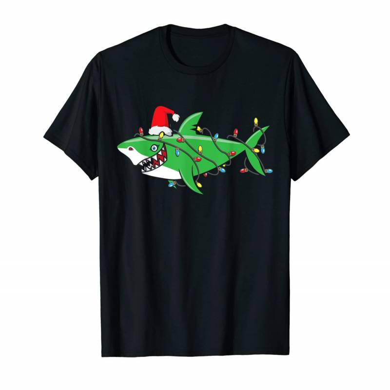 Merry Sharkmas Shark Santa Ugly Christmas Lights Boys Xmas T-Shirt